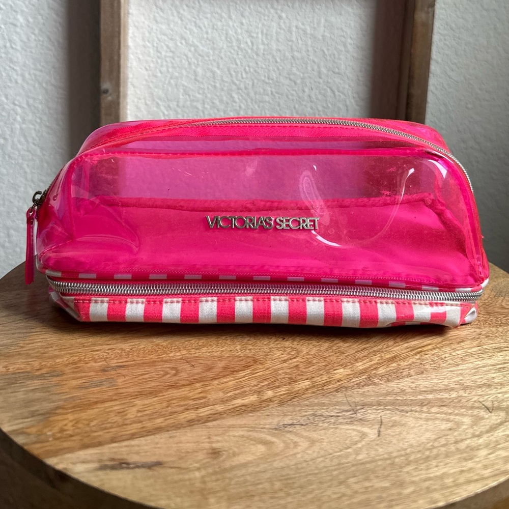 Victoria's Secret Hot Pink Clear Cosmetic Bag with Pink & White Stripe Base